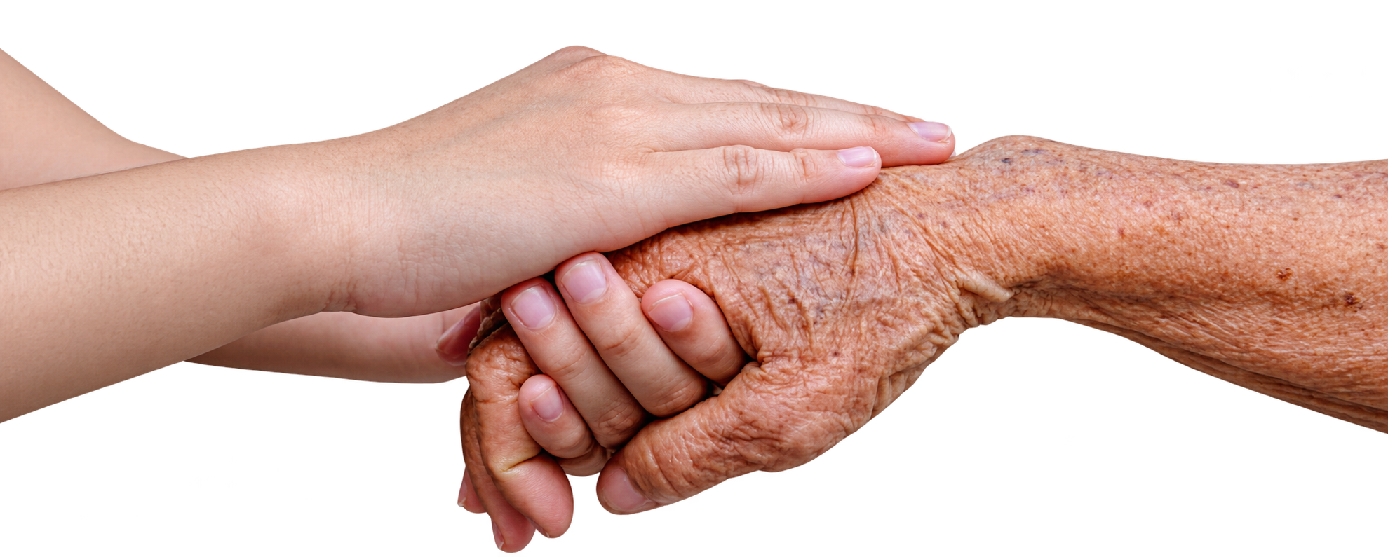Die Hände einer jungen Frau halten behutsam die Hand eines älteren Menschen